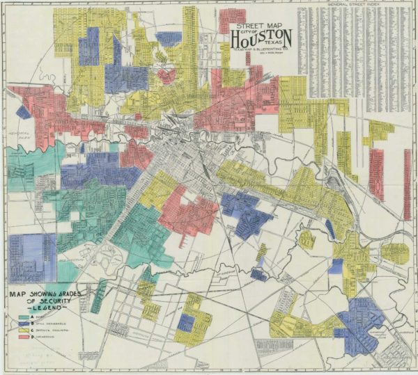 The Home Owners’ Loan Corporation (HOLC) map of Houston was created by a New Deal program of the federal government. Source: Library of Congress