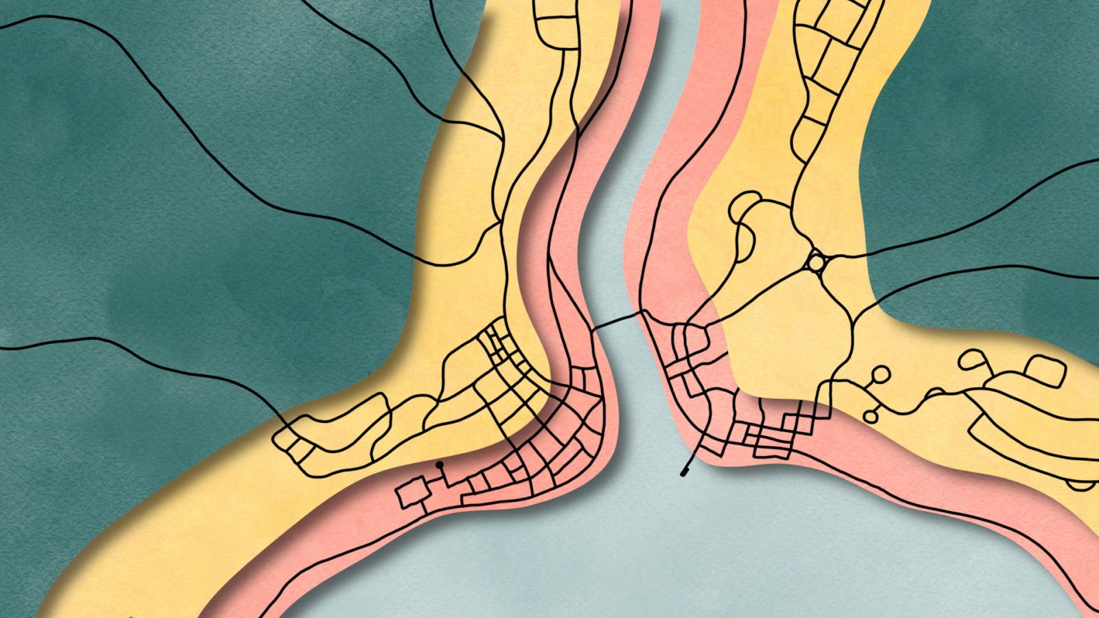 Layered map of city streets near the mouth of a river