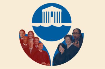 Environmental Protection Agency Logo with supreme court justices divided in red on one side and blue on the other.