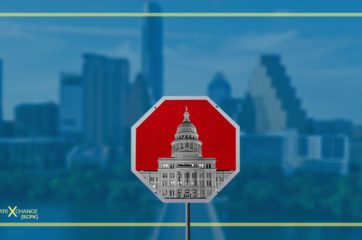 Image of a stop sign with the Texas capitol building on it in front of a view of the city of Austin to represent climate preemption