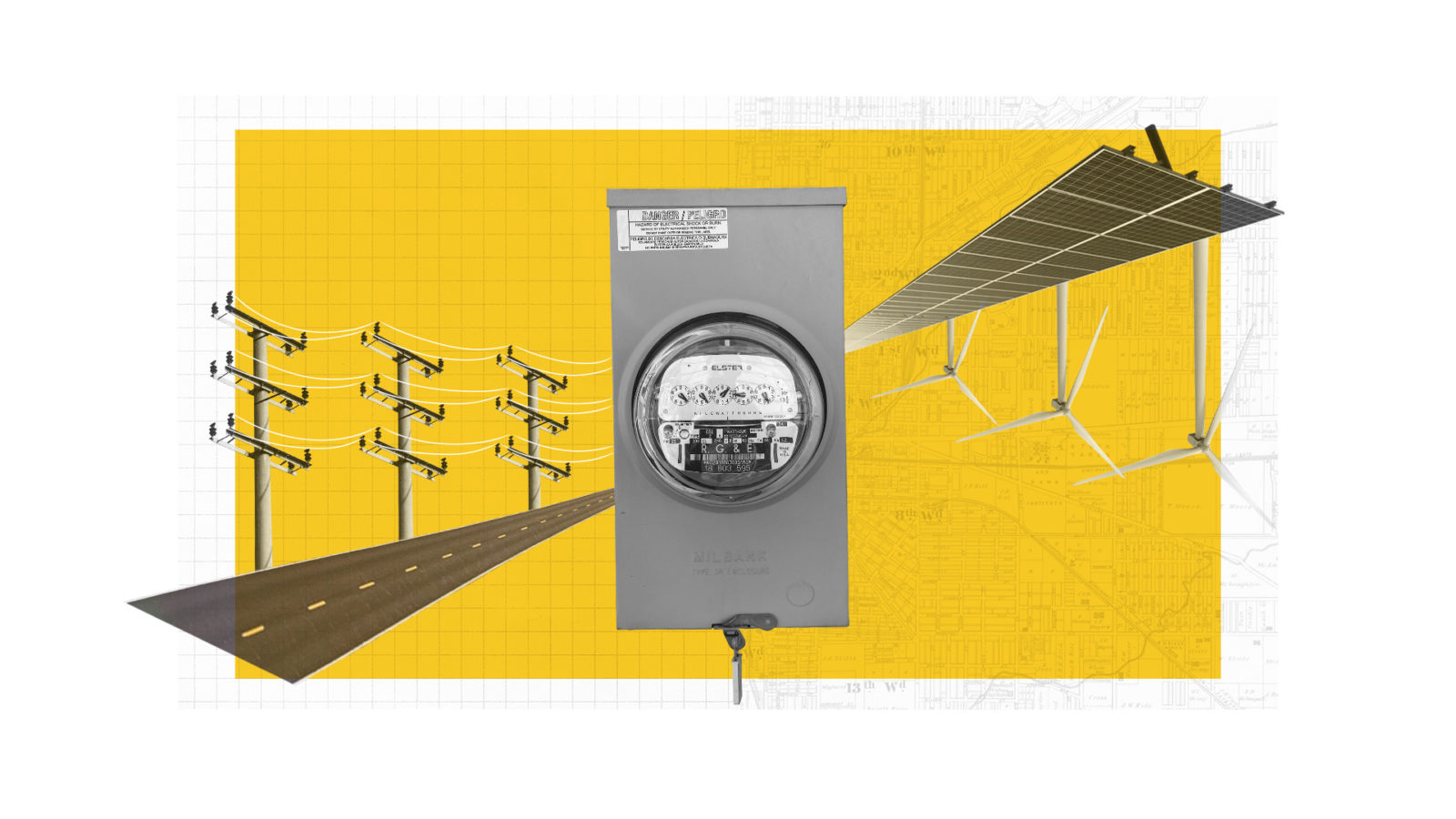An electric meter with a road coming from the center on the left side and solar panels coming from the center on the right side to illustrate net metering