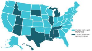 Map of states that have passed net metering policies.