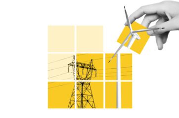 A hand holding a yellow square with the top of a wind turbine placing the square onto a grid of other yellow squares to represent policy stacking