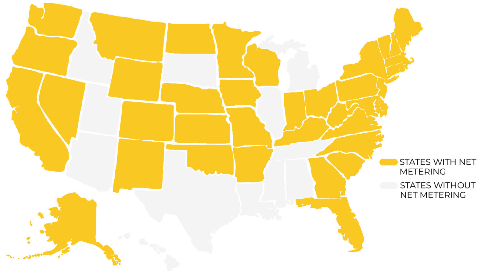 Map of states that have passed net metering policies.