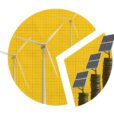 A yellow circle with a wedge cut out from it and is separated. The larger piece has three wind turbines on it. The smaller piece has three stacks of coins, each with a solar panel on top. There is graph paper overlying both sections. The image represents RPS carve-outs.