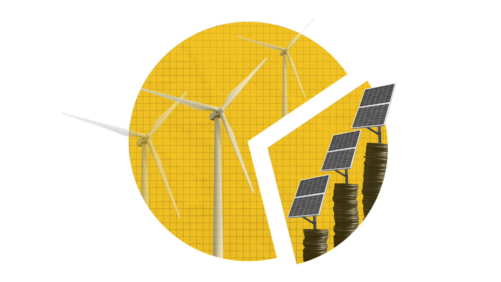 A yellow circle with a wedge cut out from it and is separated. The larger piece has three wind turbines on it. The smaller piece has three stacks of coins, each with a solar panel on top. There is graph paper overlying both sections. The image represents RPS carve-outs.