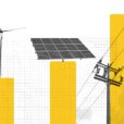 Photo collage of a bar chart with a wind turbine, solar panel, and power lines.