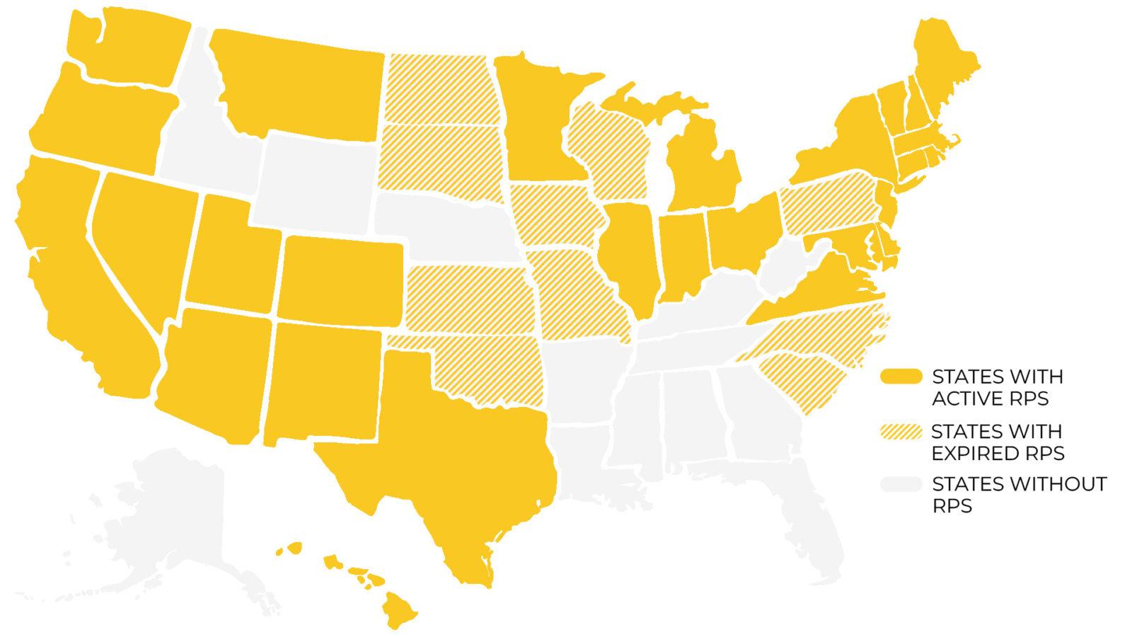 Map of states that have passed renewable portfolio standards policies.