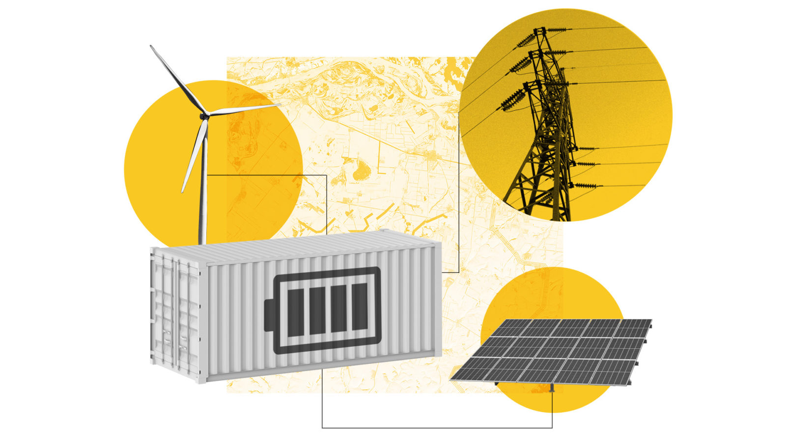 Collage of a windmill, solar panel, and electric lines connected by lines to a storage container with a battery symbol on it.