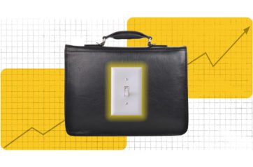 Photo collage of a black briefcase with a light switch on the front. The background has two yellow rectangles with a graph showing profits rising. The image represents the power of investor-owned utilities.