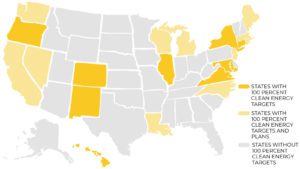 Map of states with Clean Energy Plans in yellow