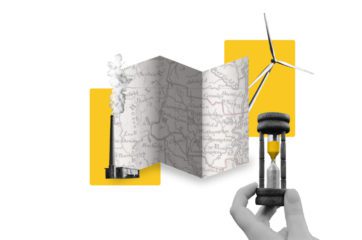 Image of a folded map with a polluting power plant on the left side and a wind turbine on the right. There is a hand holding an hourglass in the foreground to represent Clean Energy Plans