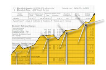 An image of an electric bill in the background and a yellow graph with wind turbines in the foreground to represent utility reform.