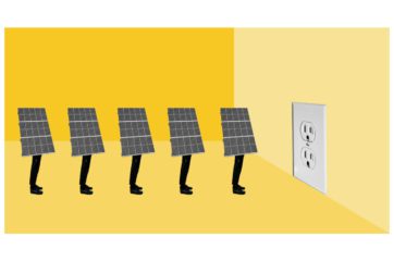 Image of solar panels with legs standing in line waiting to be plugged into an outlet to symbolize interconnection standards.