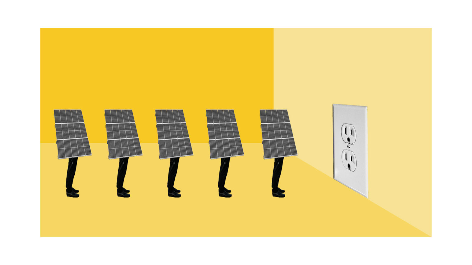Image of solar panels with legs standing in line waiting to be plugged into an outlet to symbolize interconnection standards.