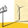 Image of a telephone pole with a shadow diverging into a wind mill and a smoke stack on top of an electricity bill to represent green power programs
