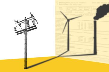 Image of a telephone pole with a shadow diverging into a wind mill and a smoke stack on top of an electricity bill to represent green power programs