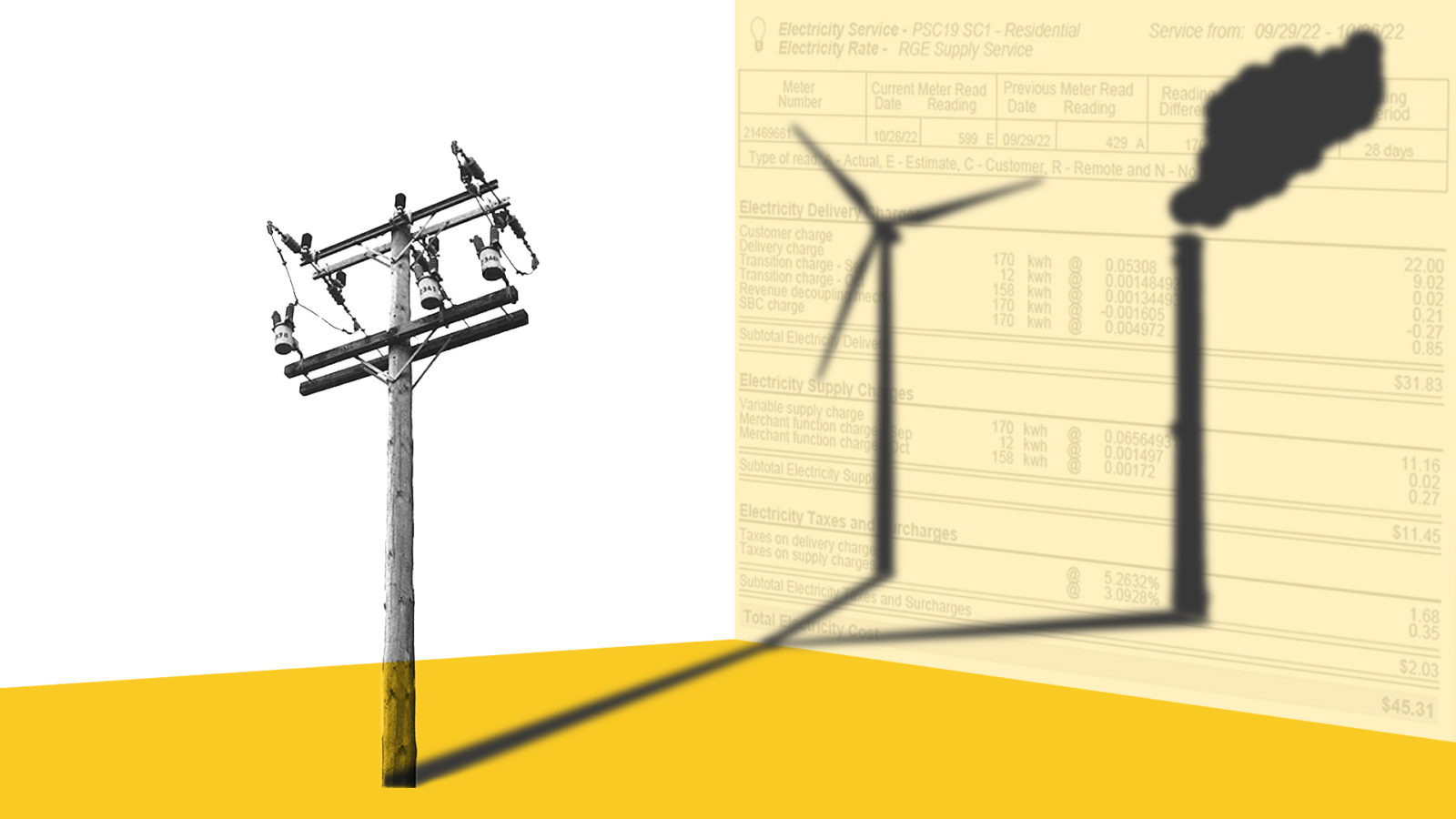 Image of a telephone pole with a shadow diverging into a wind mill and a smoke stack on top of an electricity bill to represent green power programs