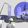Editorial collage with a group of buildings overlapping one another in front of a purple circle and sitting on grass. Construction workers in the foreground are directing a crane which is carrying a water heater.