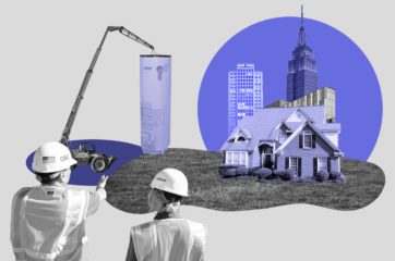 Editorial collage with a group of buildings overlapping one another in front of a purple circle and sitting on grass. Construction workers in the foreground are directing a crane which is carrying a water heater.