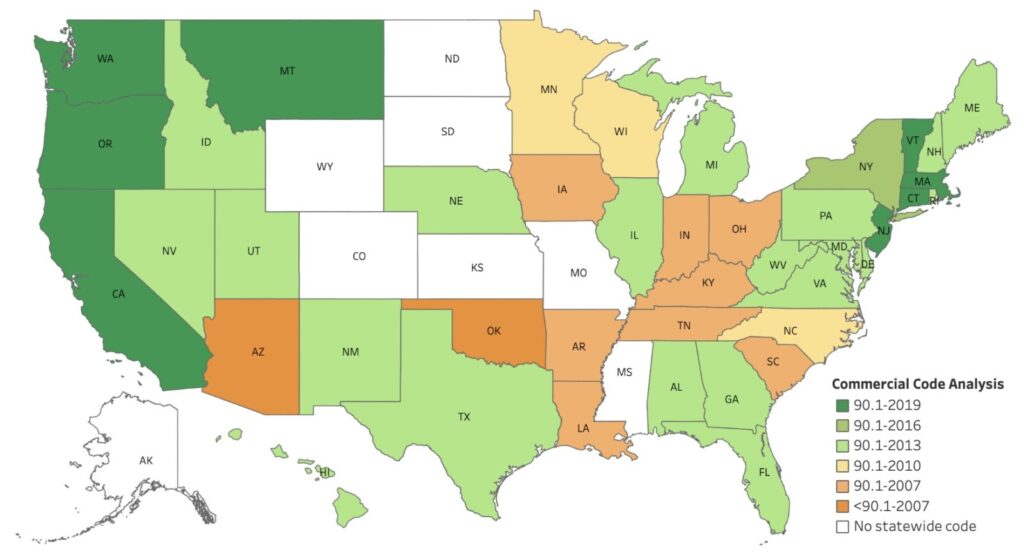 Map of the U.S. highlighting state commercial energy codes.