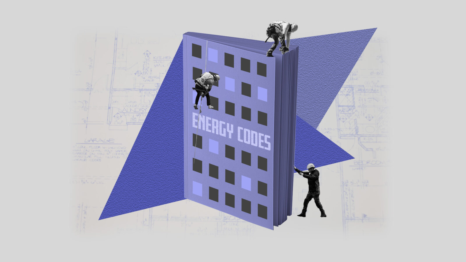 A book with windows on it that says "energy code" with construction workers hanging off the side.