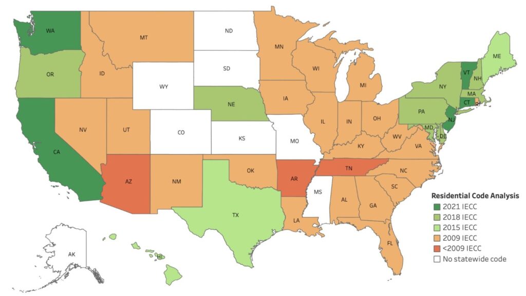 Map of the U.S. highlighting states that have adopted residential energy codes.
