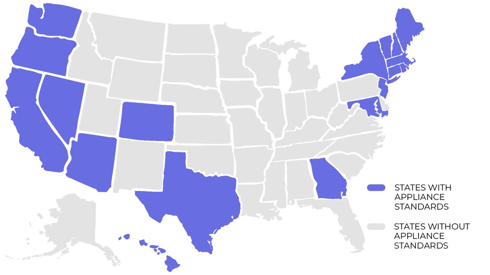 Map of the U.S. with states that have passed appliance standards highlighted in purple.