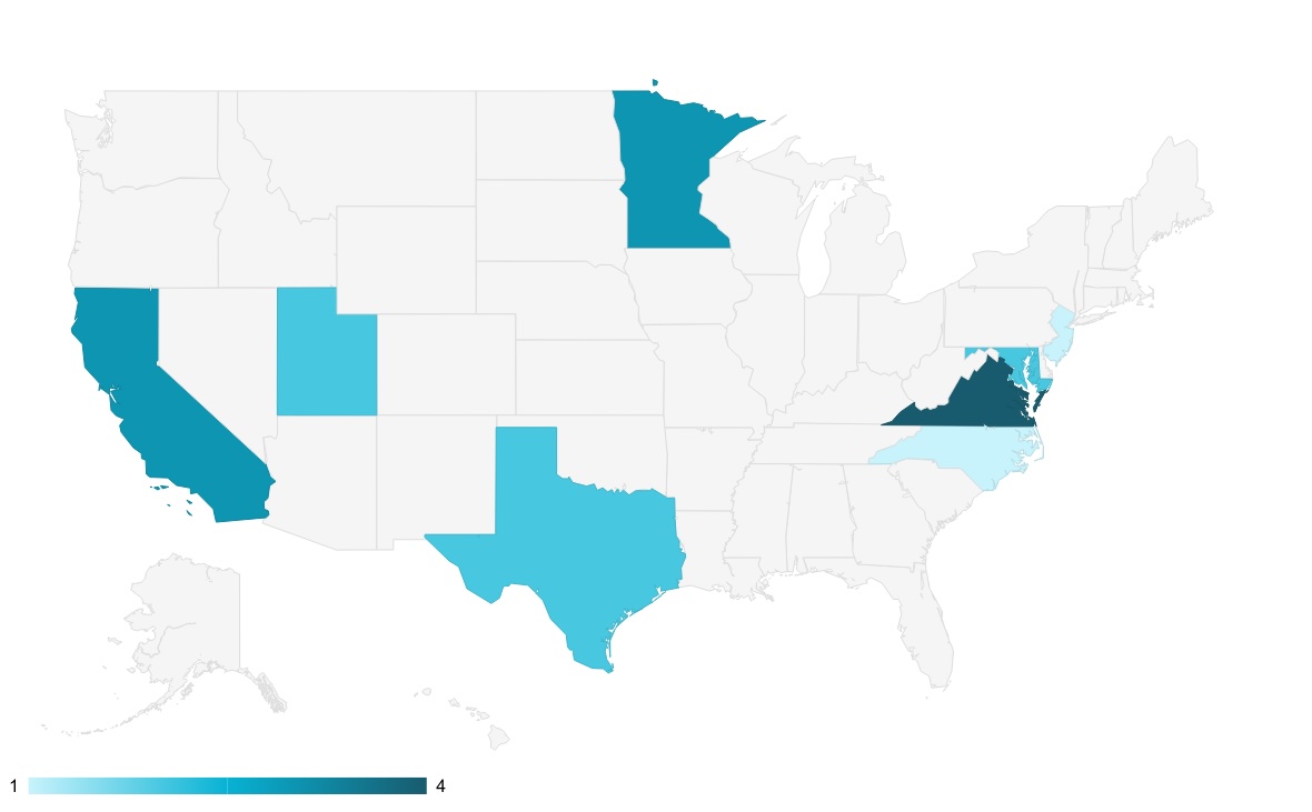 Map of the number of co-siting bills introduced in 2025 legislative sessions to date.