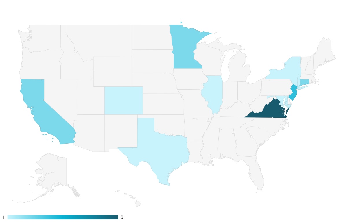 Map of the number of energy efficiency bills introduced in 2025 legislative sessions to date.
