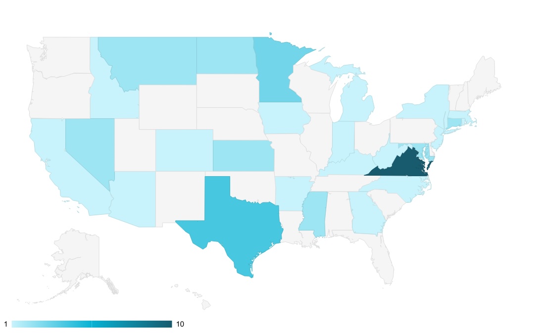 Map of the number of employment, tax, and economic justice bills introduced in 2025 legislative sessions to date.