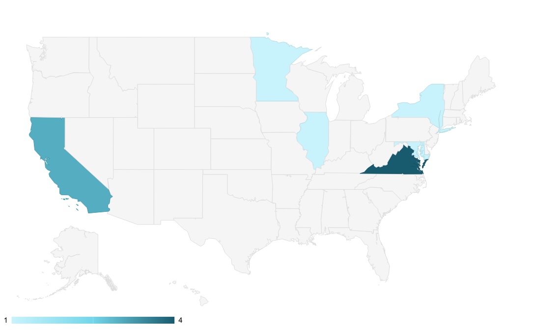 Map of the number of green energy procurement bills introduced in 2025 legislative sessions to date.