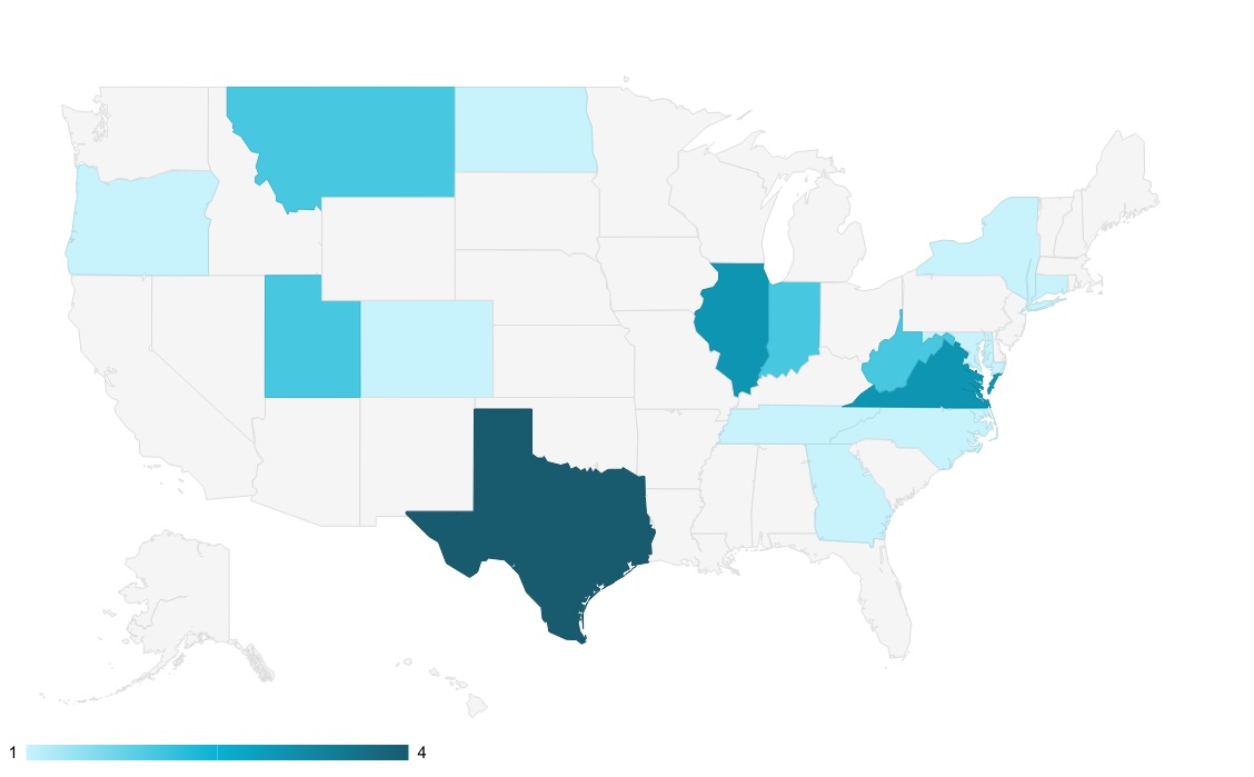 Map of the number of grid planning and reliability bills introduced in 2025 legislative sessions to date.