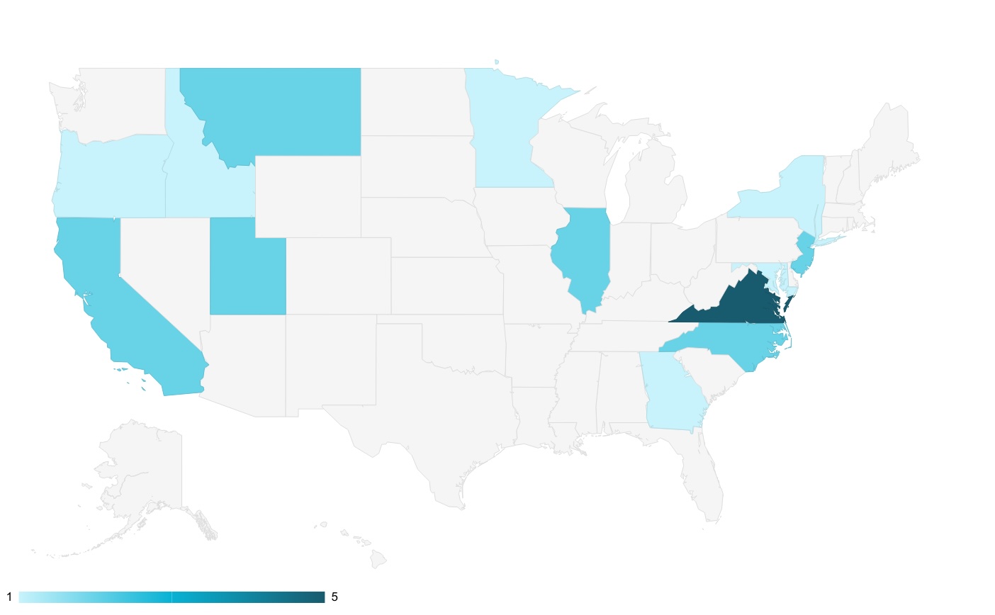 Map of the number of rate and affordability bills introduced in 2025 legislative sessions to date.