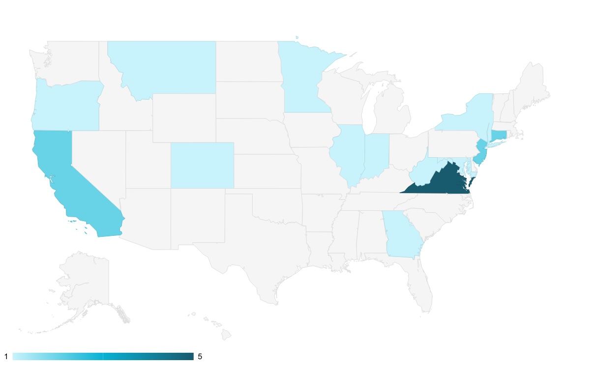 Map of the number of transparency and accountability bills introduced in 2025 legislative sessions to date.