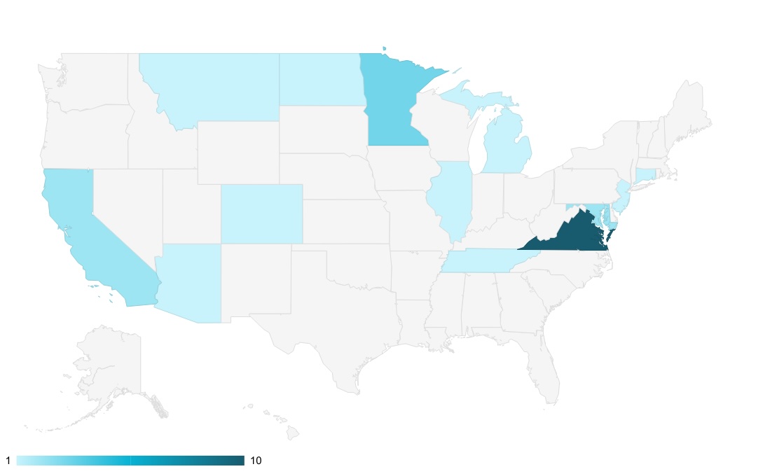 Map of the number of water use and environmental bills introduced in 2025 legislative sessions to date.