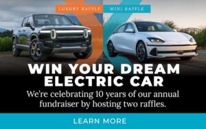 Two electric vehicles in front of a Climate XChange X with the text Win Your Dream Electric Car. Learn More.